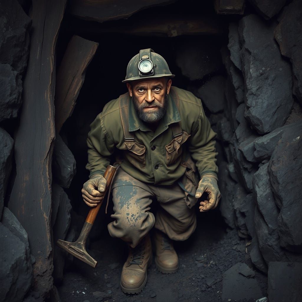 Soot-Covered Miner Emerges from Coal Mine, Industrial Realis...