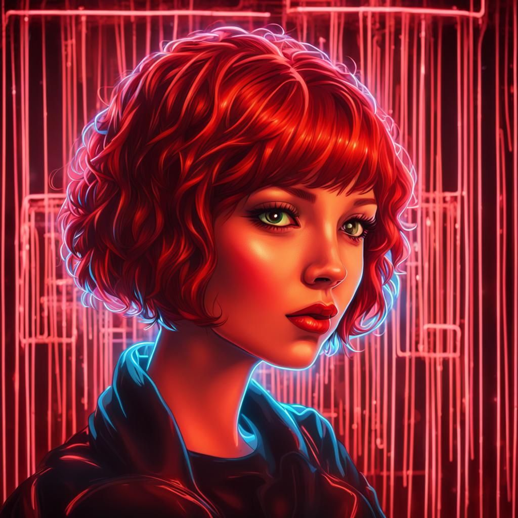 Girl with Red Hair in Front of Neon Sign