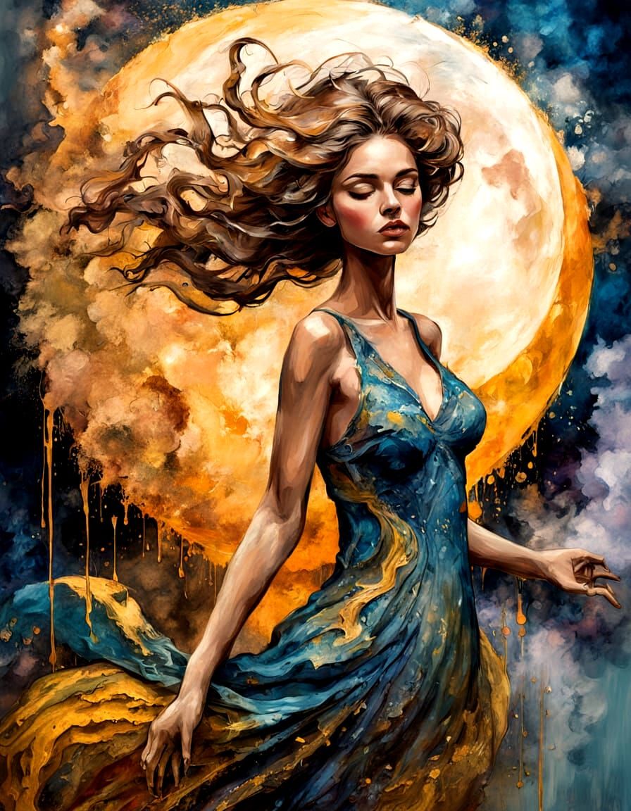 Moonlit Woman in Graffiti Art Nouveau Oil Painting