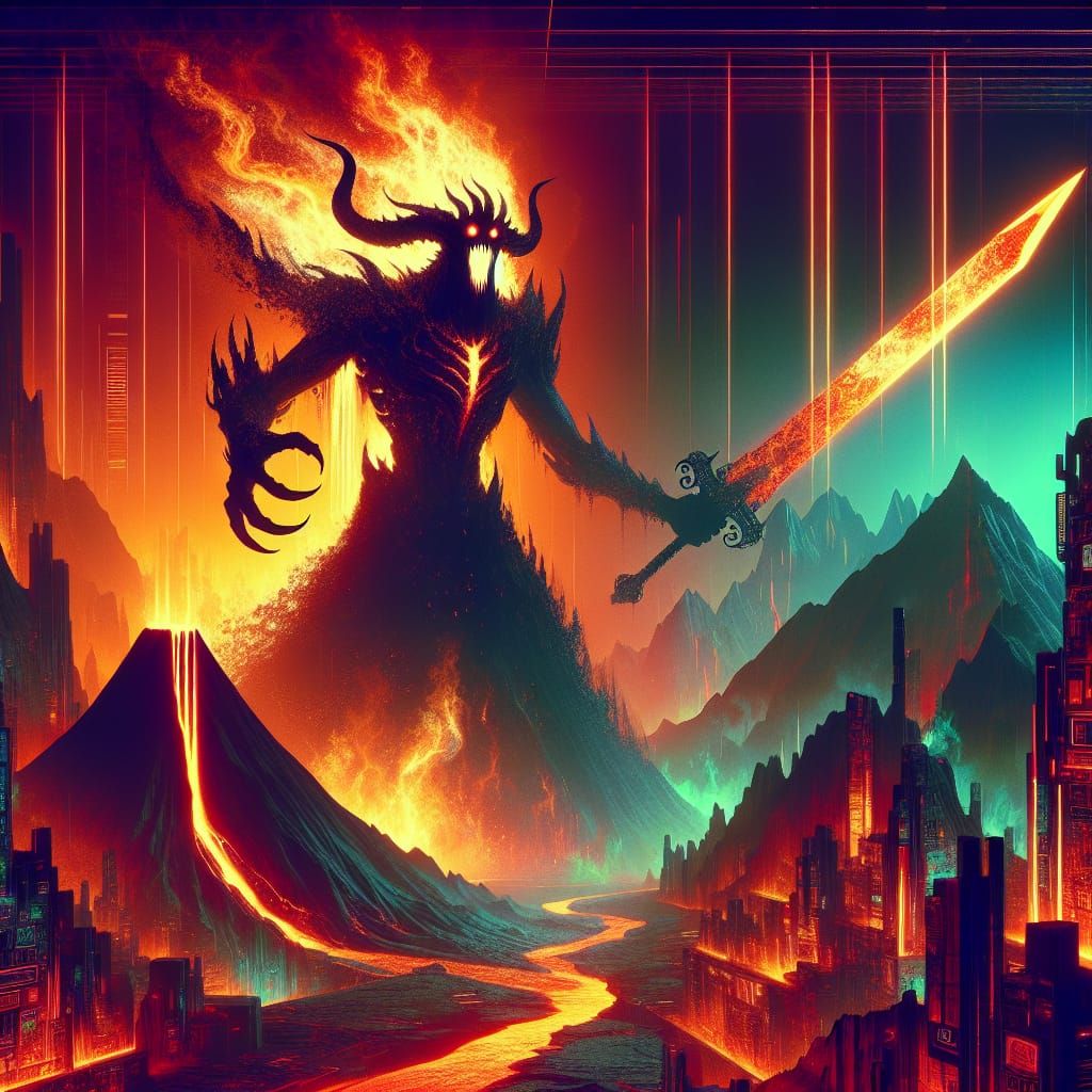 Dark Fantasy Volcano Monster Rises with Fiery Sword