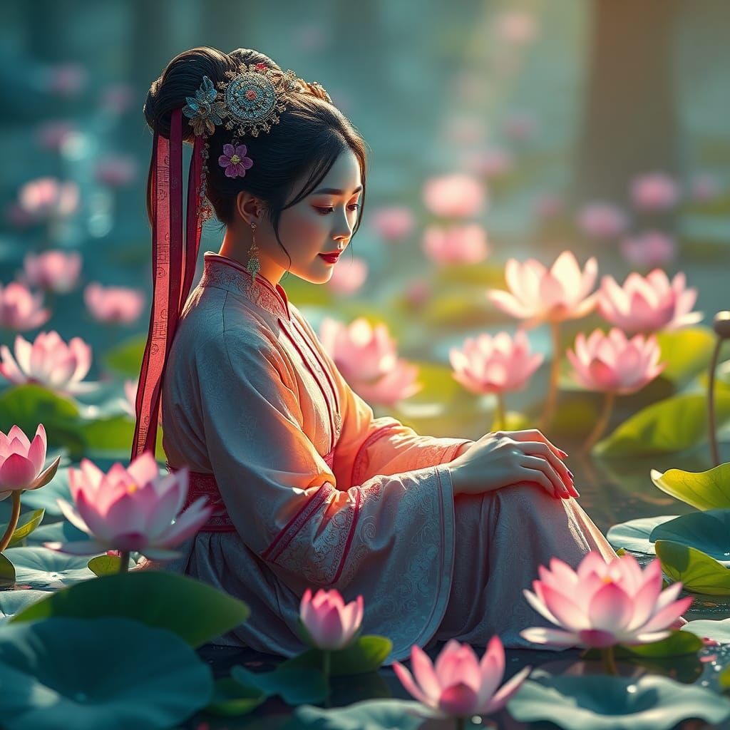 Chinese Woman in Lotus Pond: Detailed Matte Painting