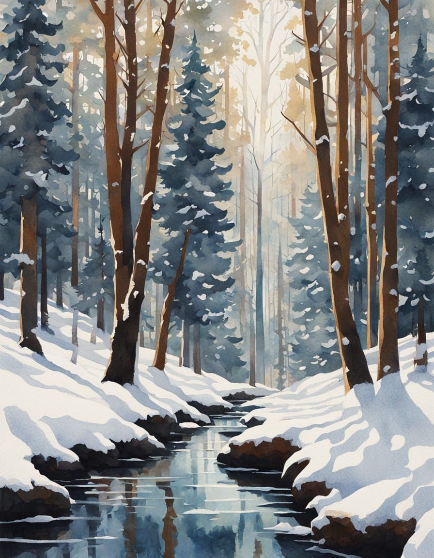 Serene Winter Forest in Watercolor Style