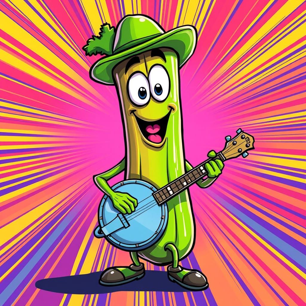 Vibrant Cartoon Celery Musician Plays Banjo in Energetic Com...