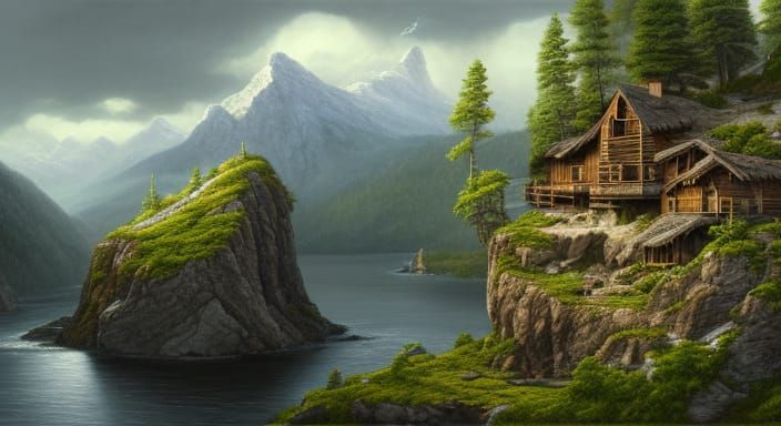 Hyperrealistic Cliffside Cabin Landscape Painting