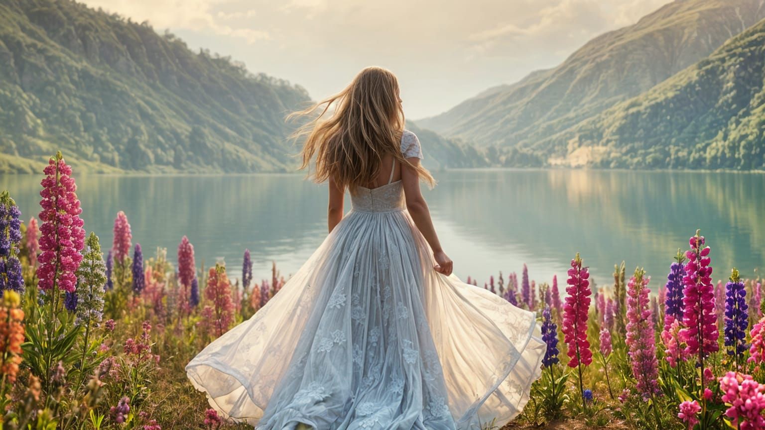 Woman in White Dress at Lake Tekapo: Matte Painting