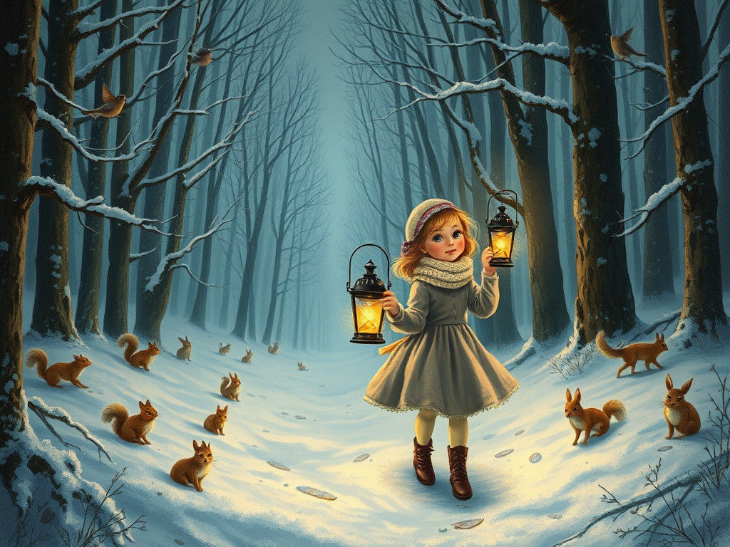 Sisters Stroll Through Snowy Forest in Whimsical Watercolor...