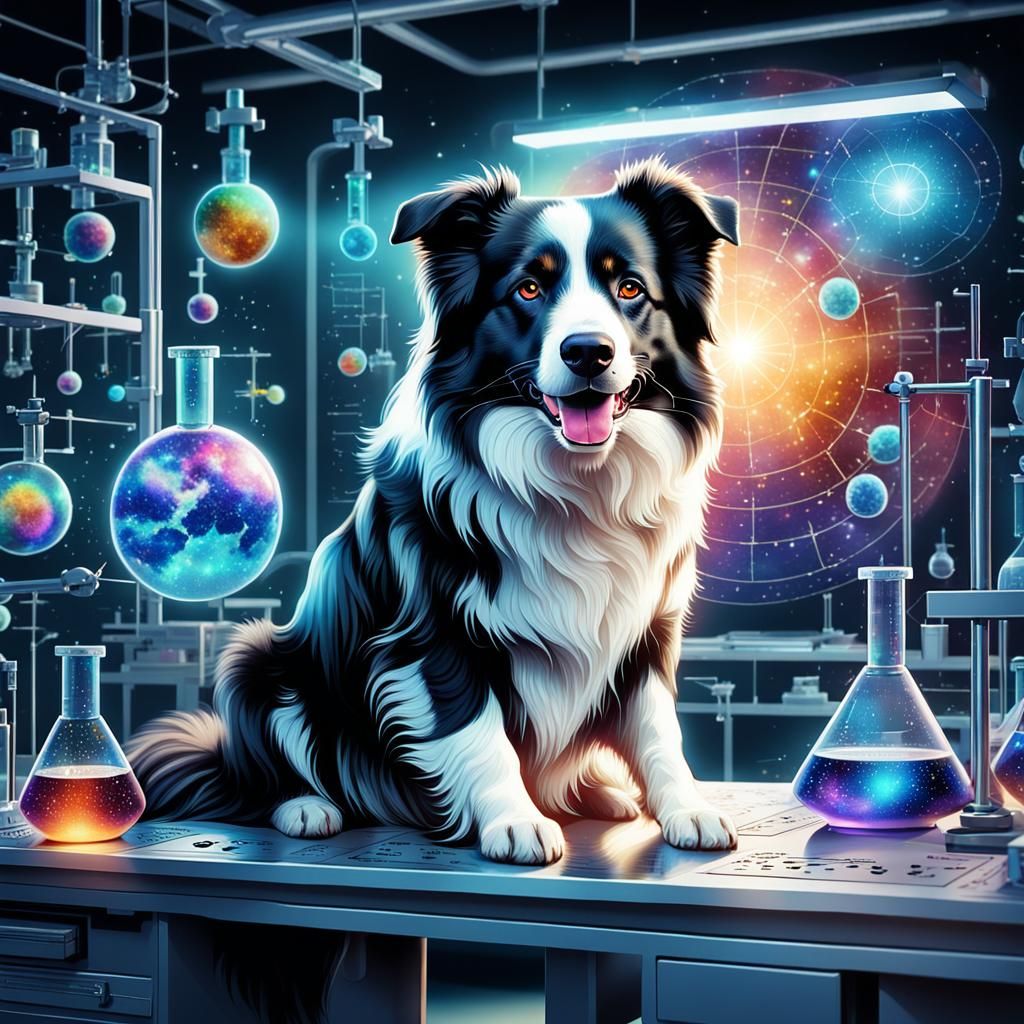 Border Collie in Science Lab, Astral Illustration