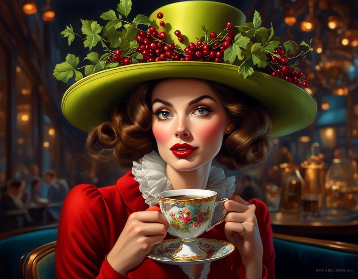 Whimsical Caricature of Woman with Coffee