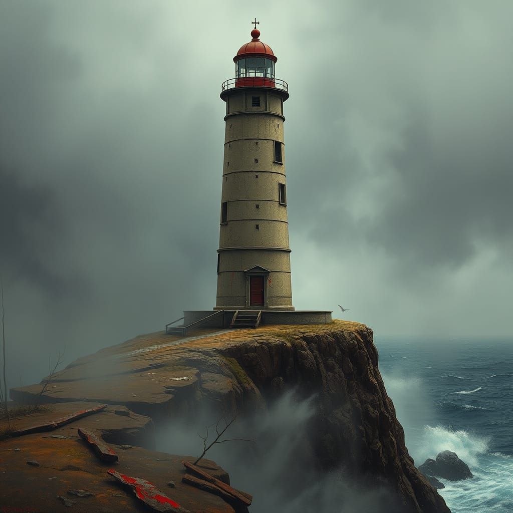 Lighthouse on Stormy Cliff in Surreal Realism Style