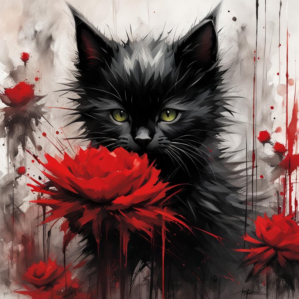 Sinister Black Kitten Sniffing a Red Rose