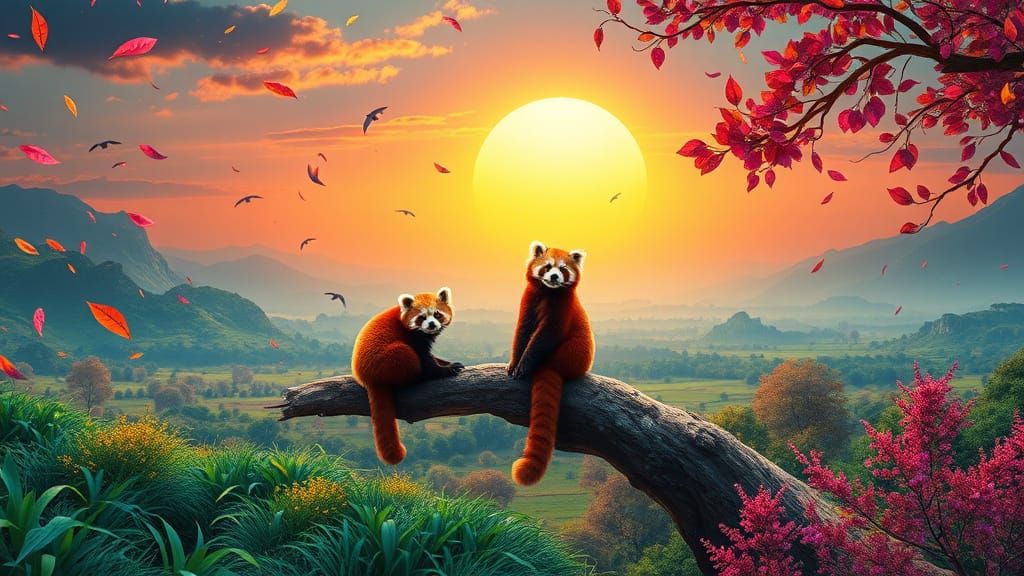 Fiery Red Pandas in Vibrant, Hyper-Detailed Fantasy Landscap...