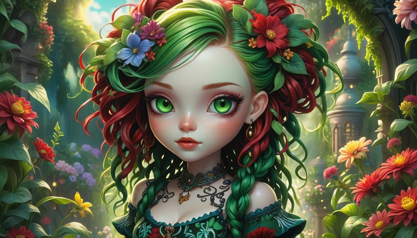 Girl with Green Eyes in Surreal Garden Art