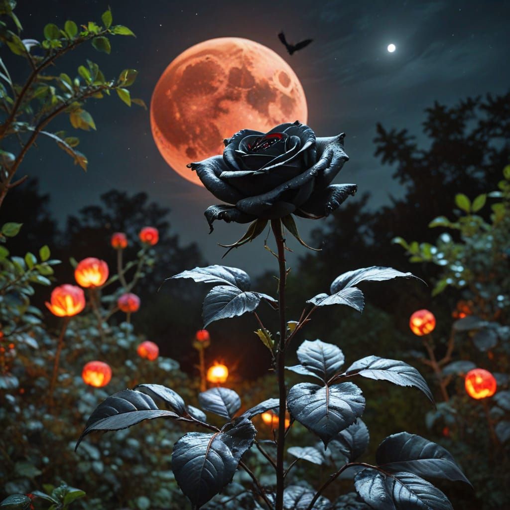 Giant Black Rose Burns Under Blood Moon in Magical Garden