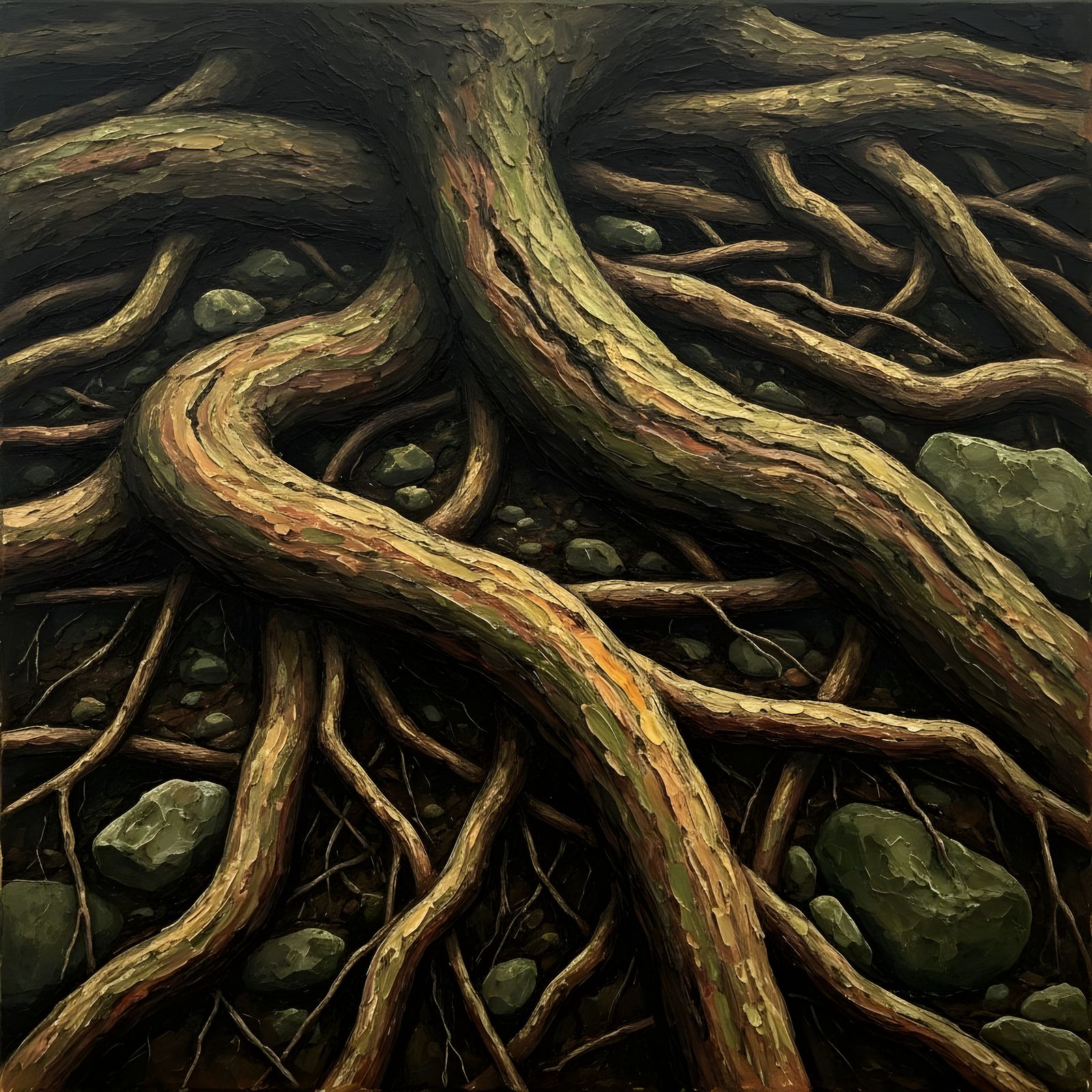Textured Impasto Painting of Gnarled Tree Roots
