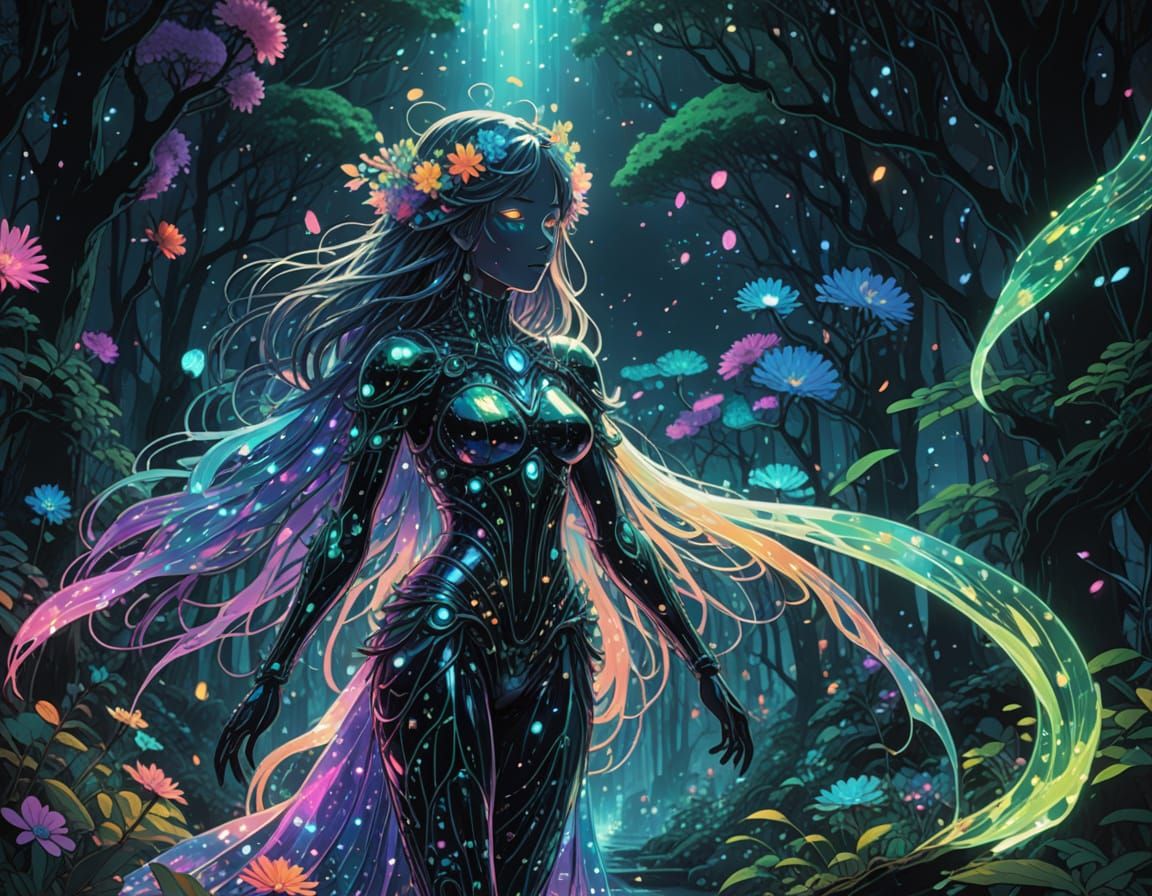Ghostly Goddess Amidst Blooming Luminous Flowers in Enchante...