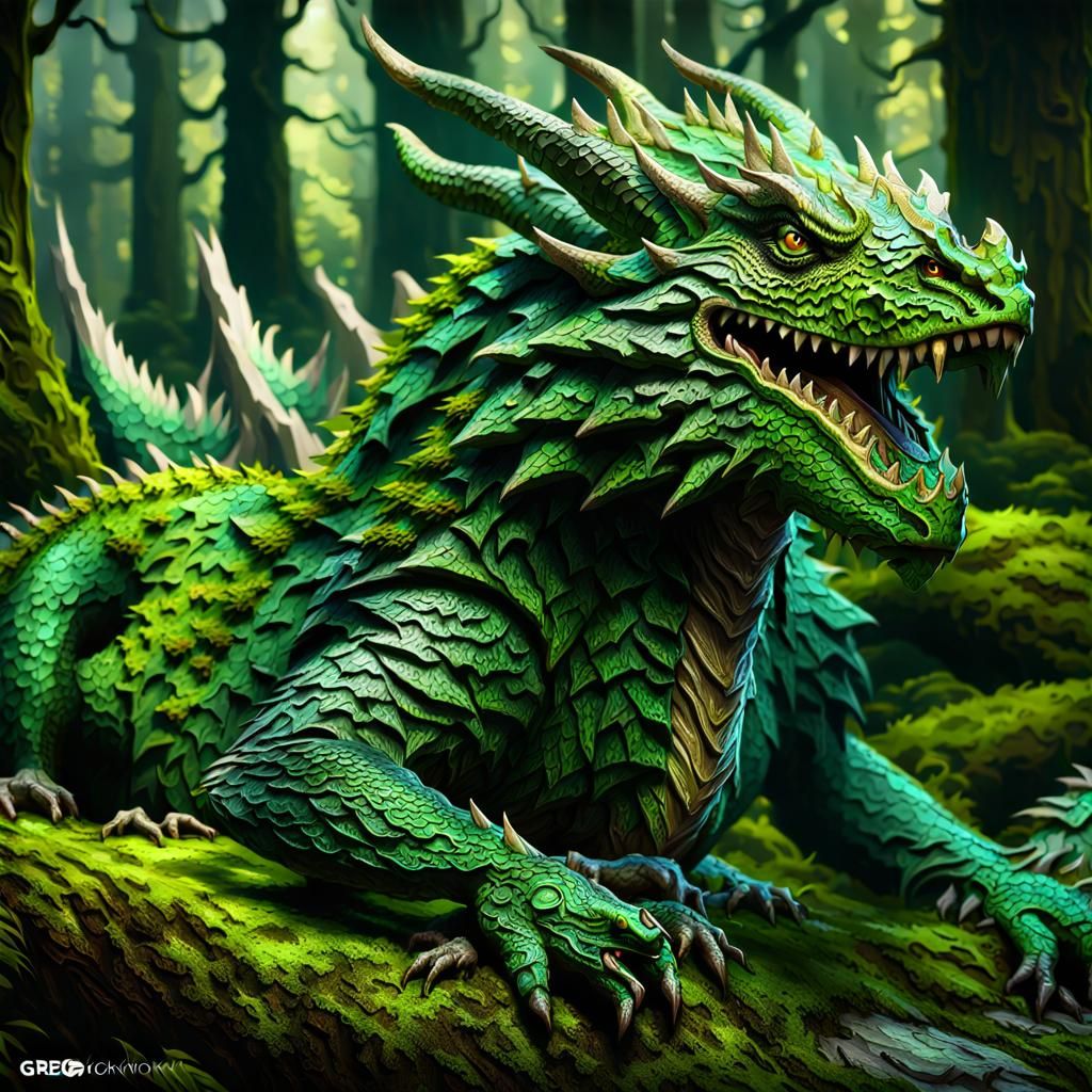Green Forest Dragon Made of Tree Bark