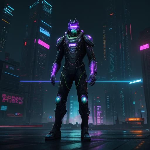 Cyberpunk Cityscape with Futuristic Spacesuit Figure