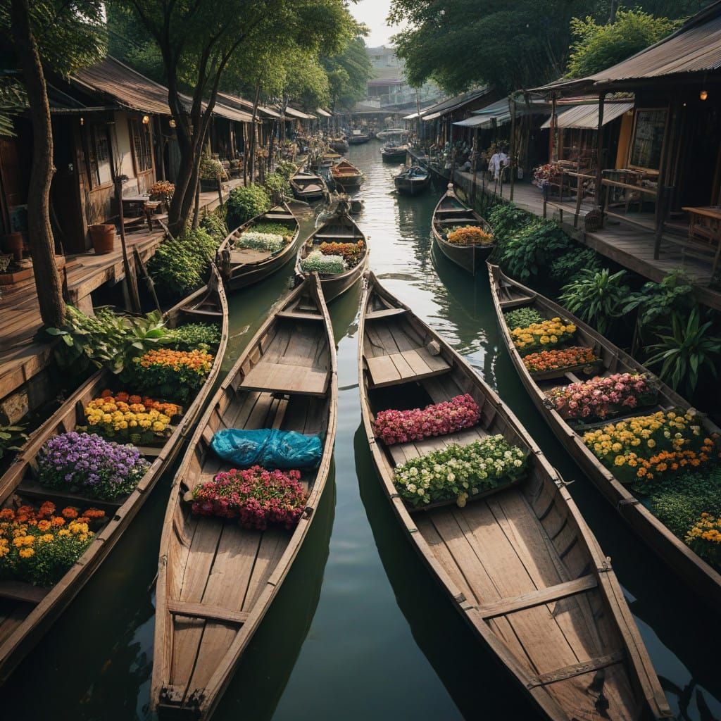 Vibrant Thai Floating Market in Whimsical Film Style