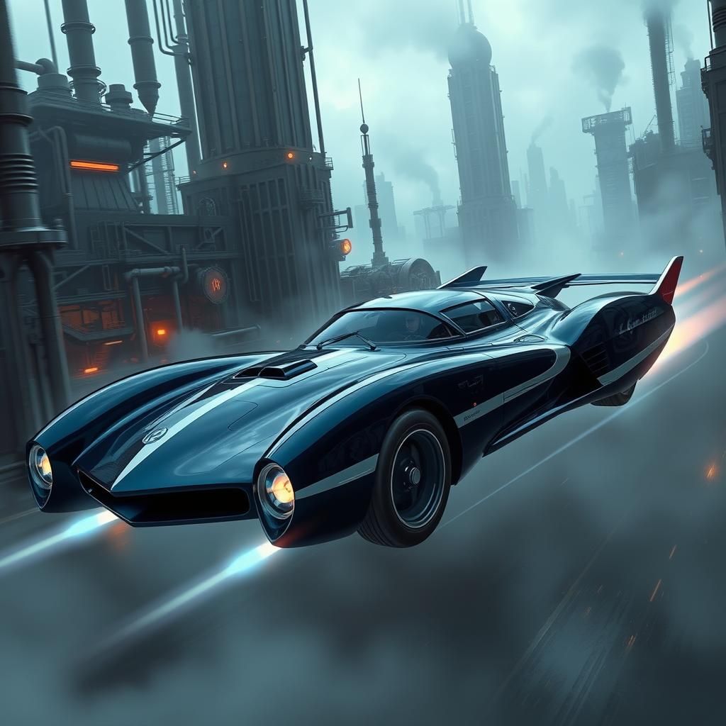 flying car, dark blue with racing stripes, futuristic city b...