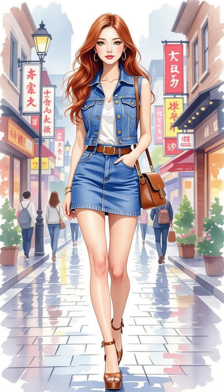 Japanese Fashion Model in Denim on Harajuku Street