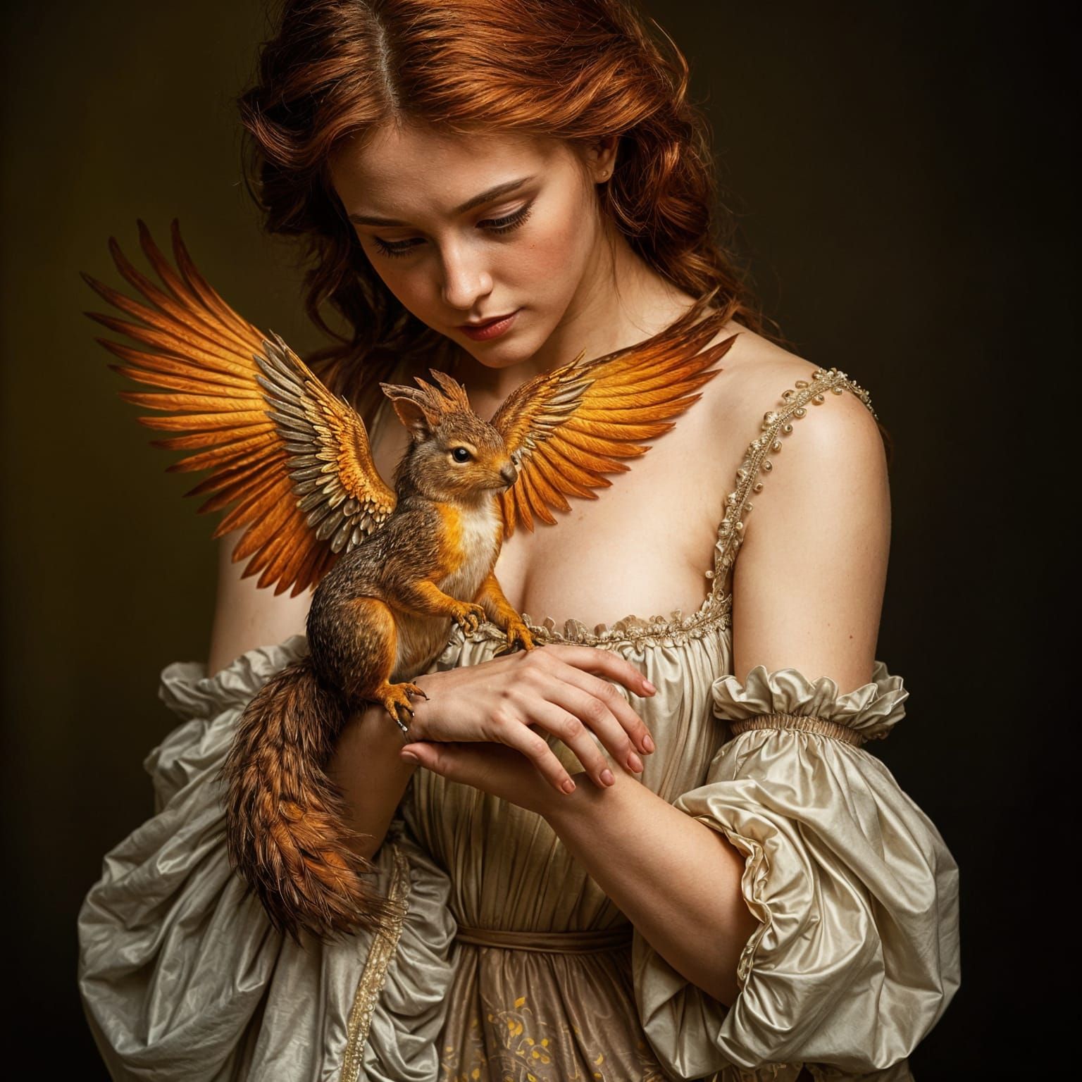 Elegant Lady Admires a Fiery Phoenix Squirrel Companion