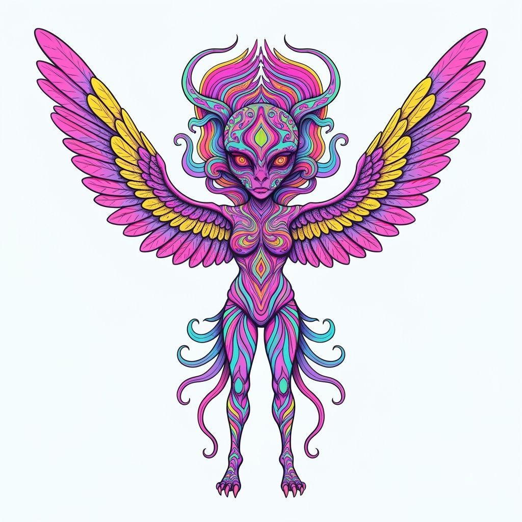 Psychedelic Winged Fantasy Creature in Vivid Colors