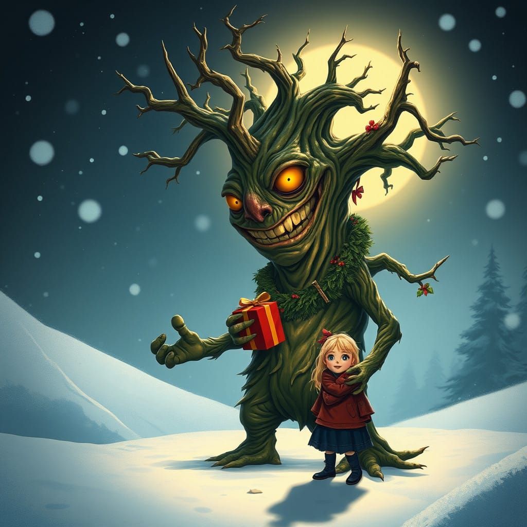 Twisted Christmas Tree Lures Child with Present in Dark Wint...