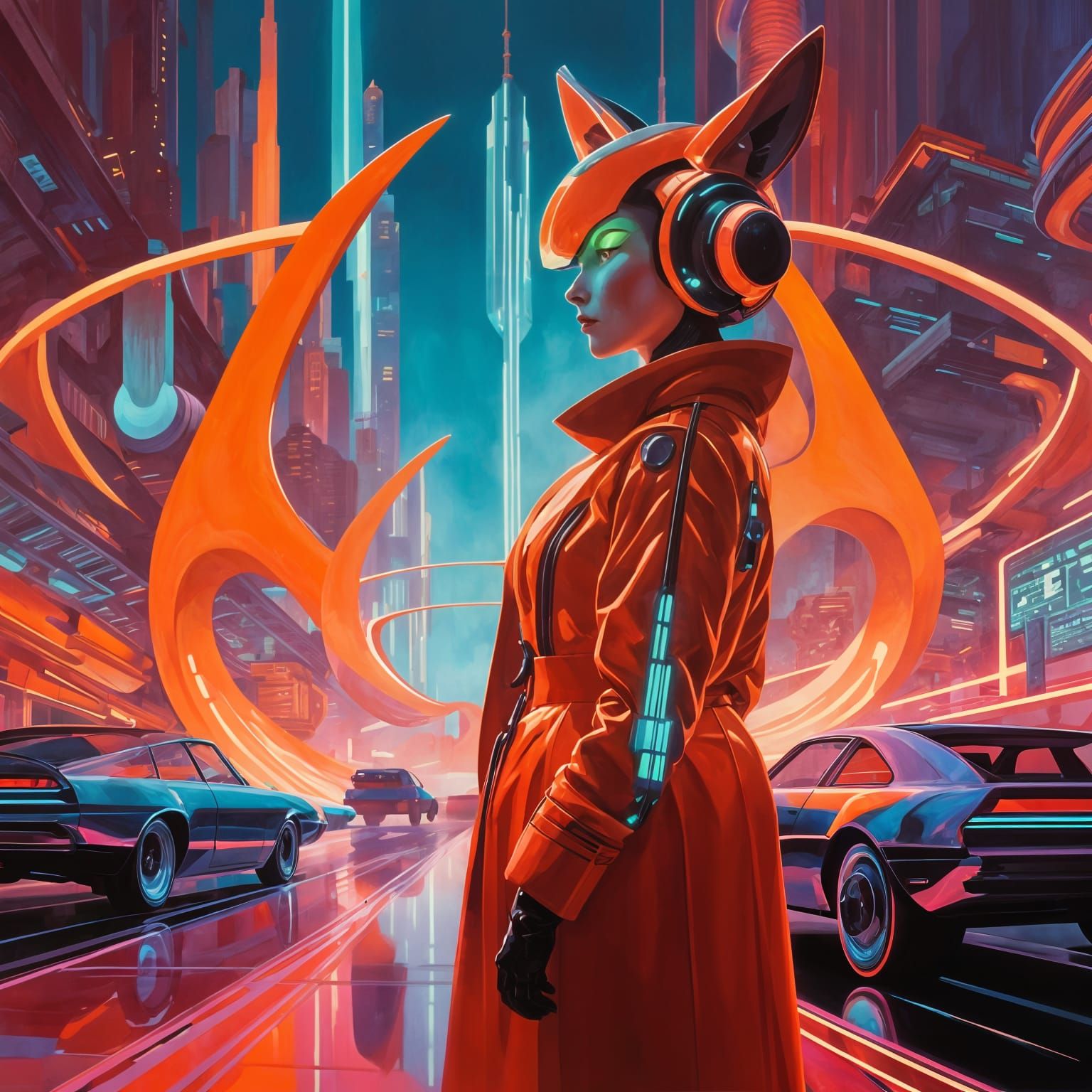 Retro-Futuristic Kitsune Android in Oil Painting Style