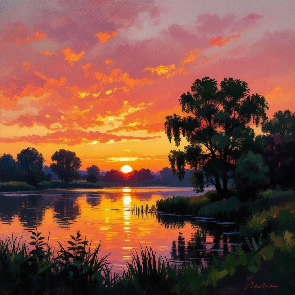 Impressionistic Sunset Over Lake with Vivid Hues
