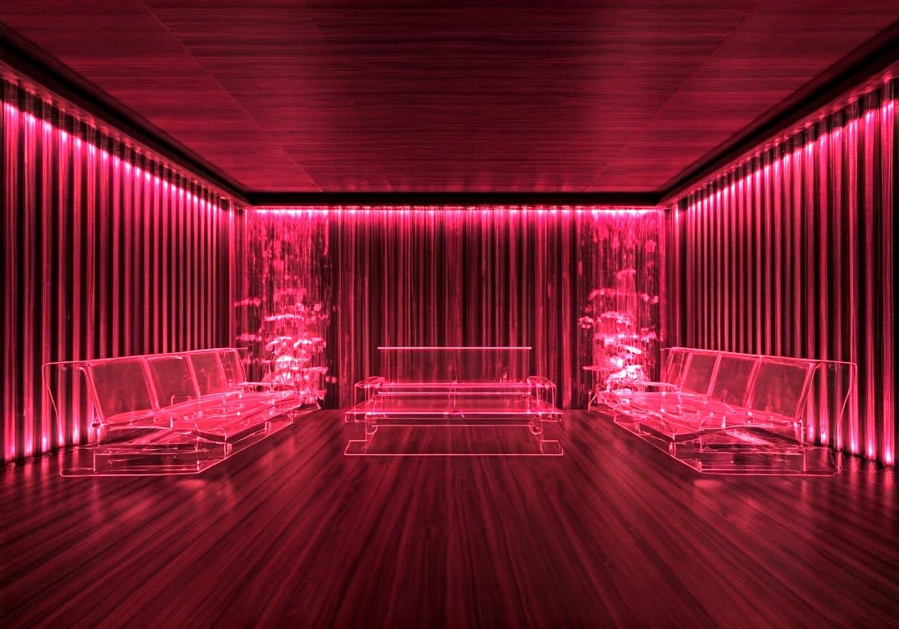 Space Age Living Room with Waterfalls in Sepia Tones