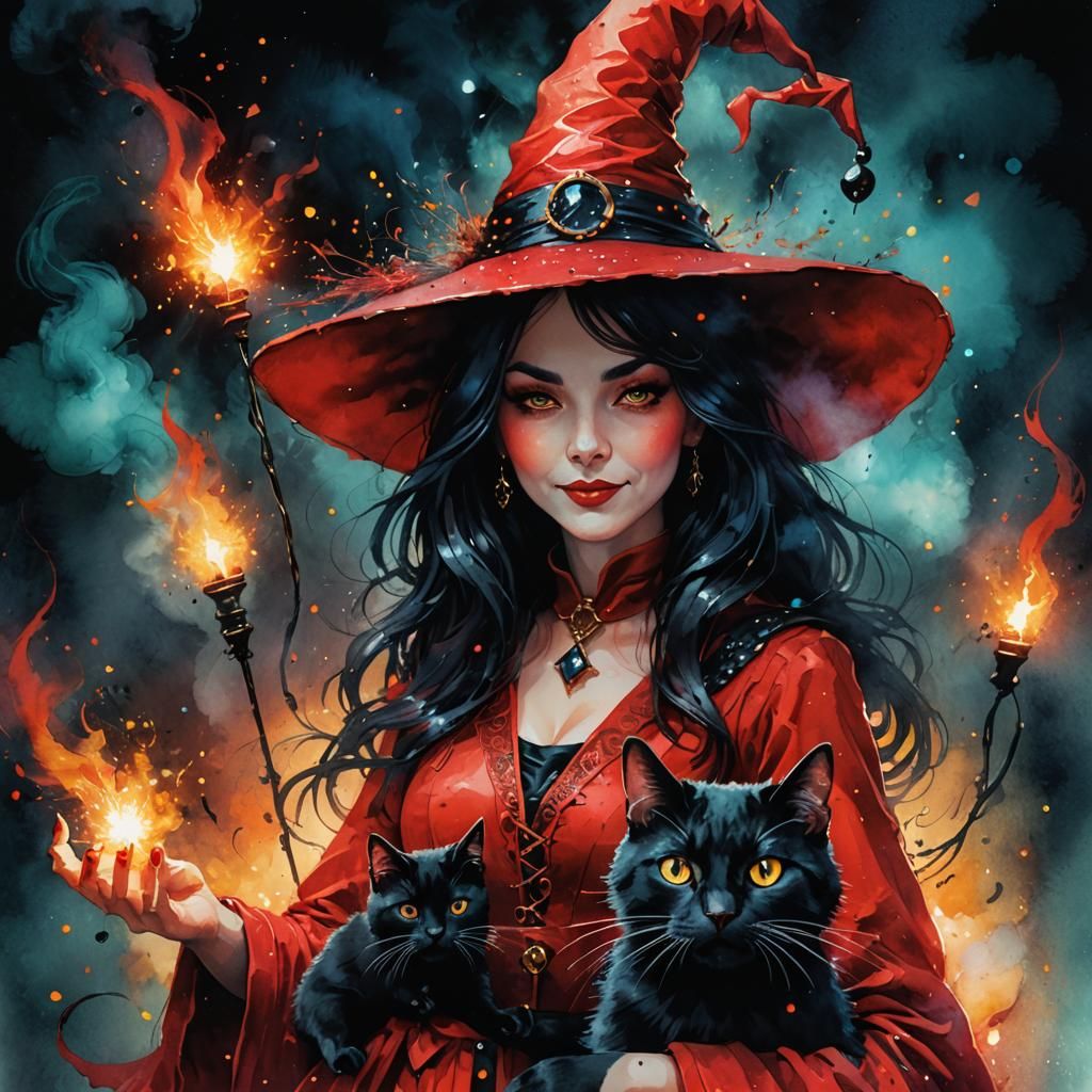 Happy Witch with Cat in Digital Mixed Media