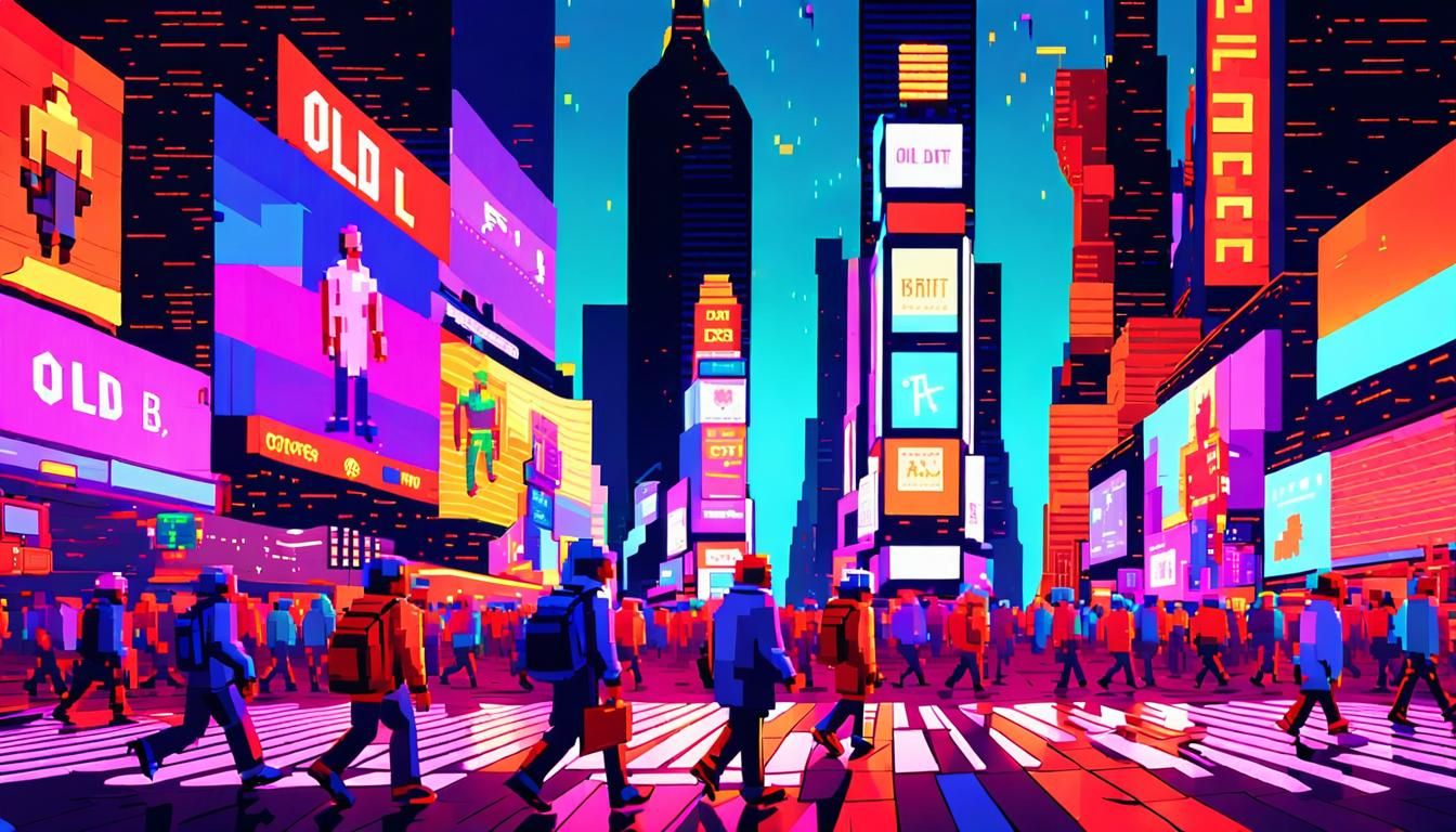 Pixelated Times Square in Retro Digital Art Style