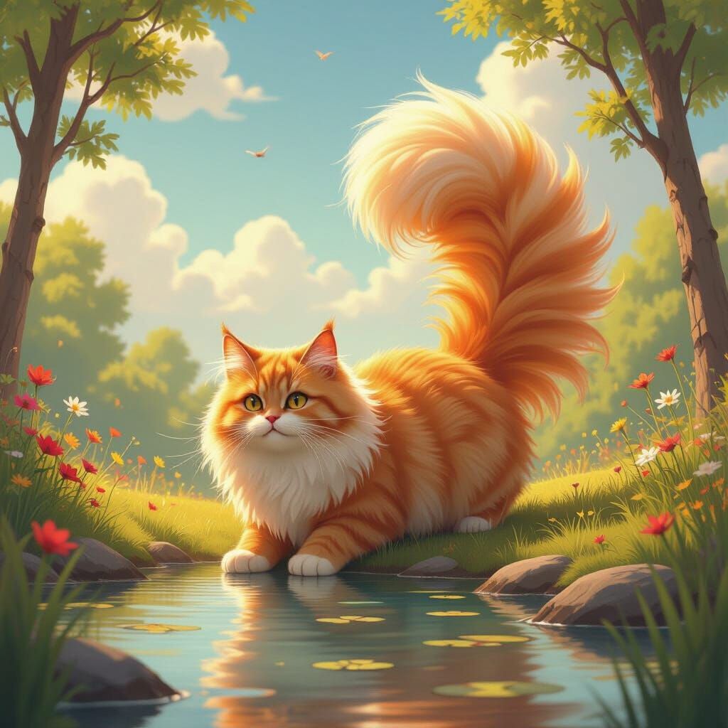 Giant Fluffy Ginger Cat Claims Sunny Pond Territory