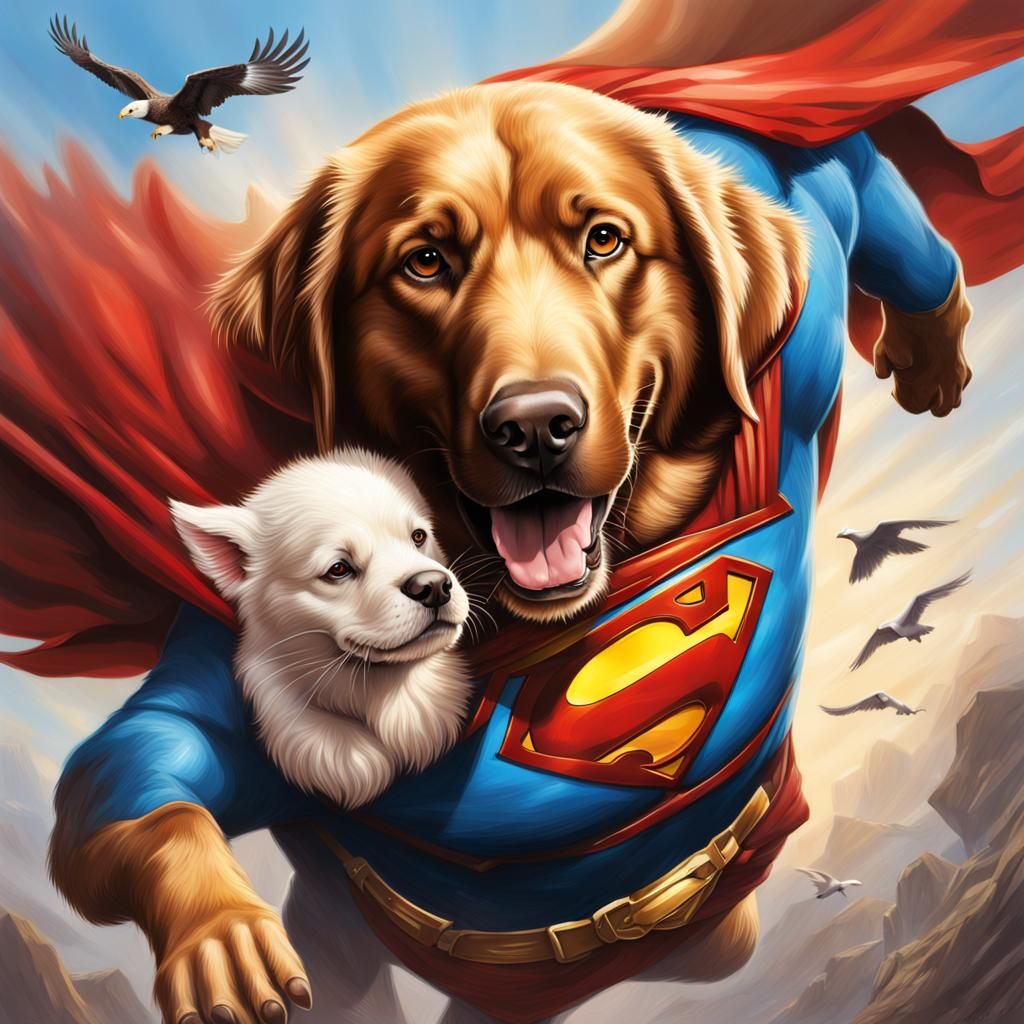 Labrador as Superman Rescuing Puppy: Hyperrealistic Splash A...