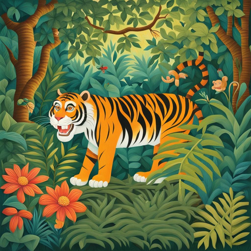 Playful Tiger and Monkey in Vibrant Jungle Scene