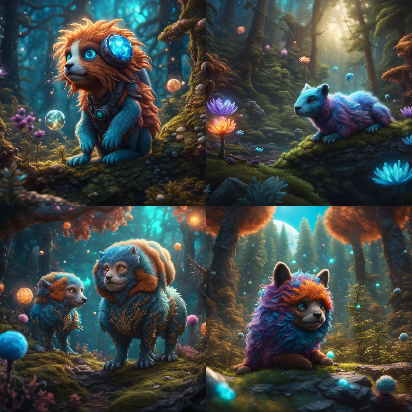 Dreamy Girl in Forest Cosmos with Furry Animals