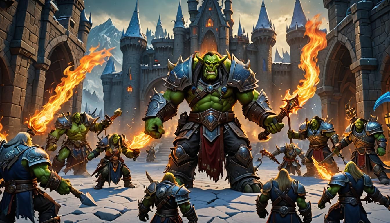 Orc Peon Battles Heroes in Detailed Fantasy Art