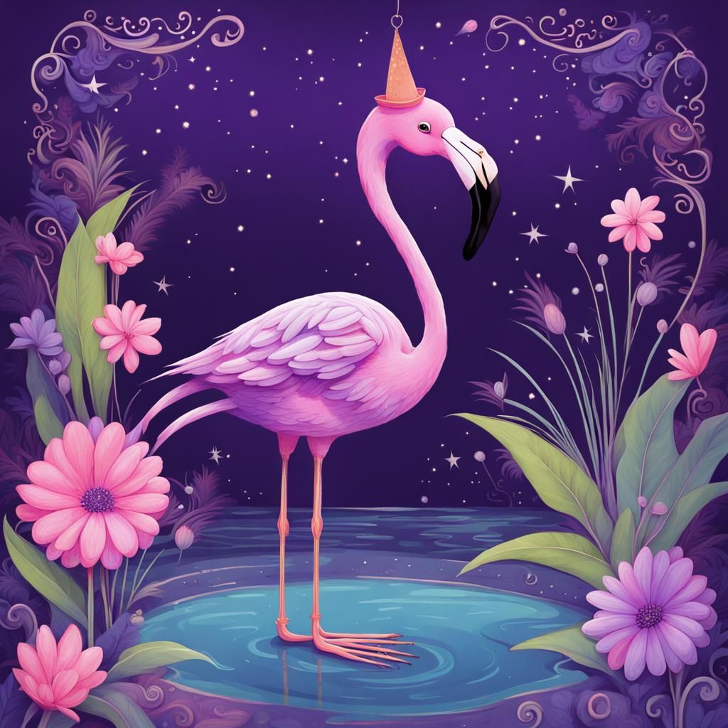 Cute Purple Flamingo in Whimsical Magical Setting