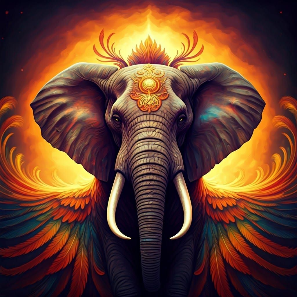 Mythical Elephant-Phoenix Hybrid in Surrealist Style