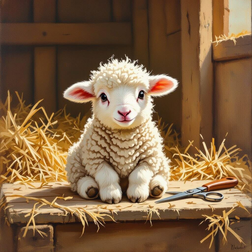 Worried Lamb Awaits Shearing in Golden Light