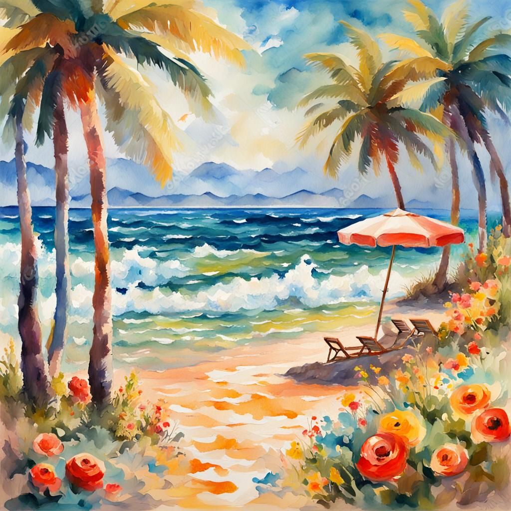 Summer Beach Gouache and Watercolor Painting