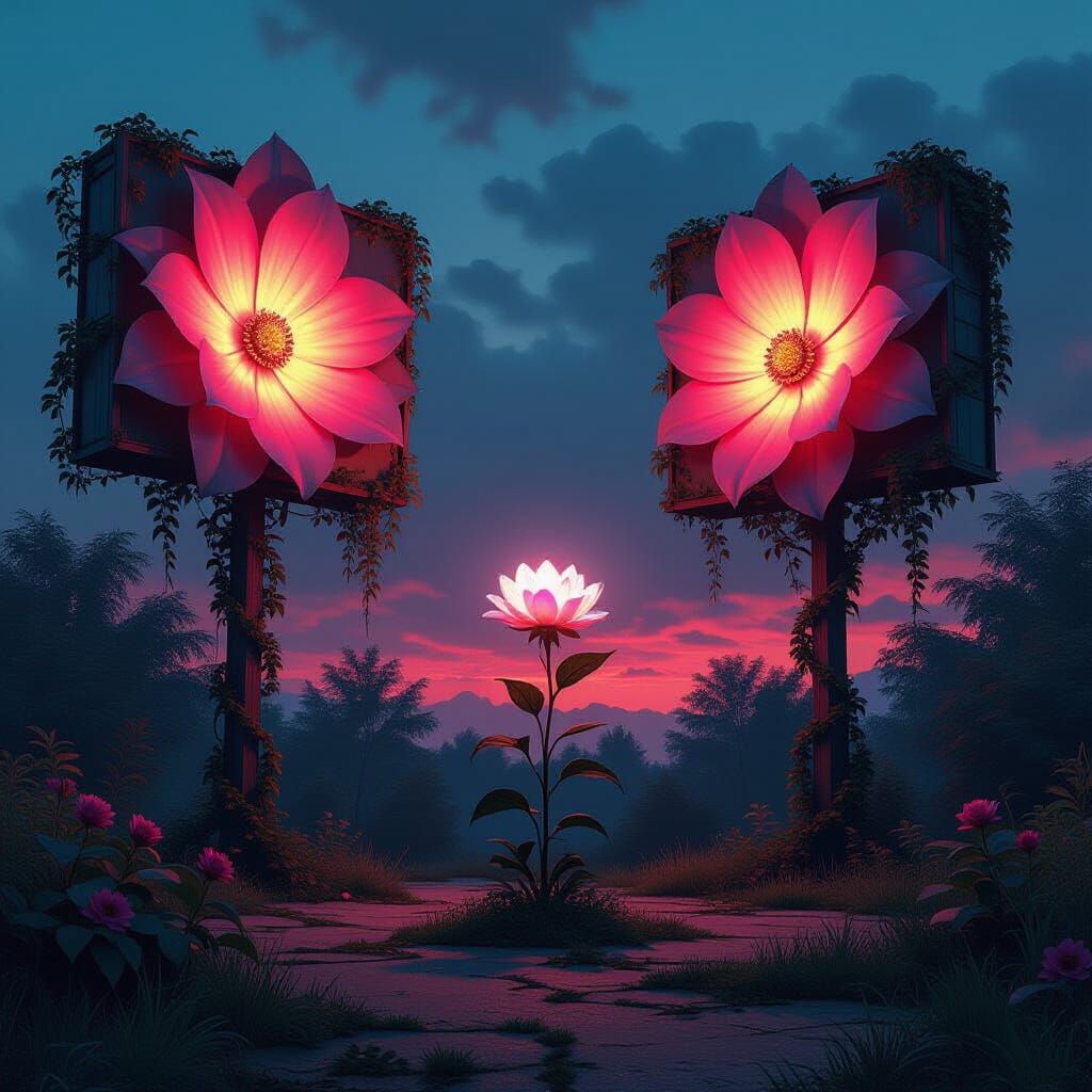 Surreal Dystopian Garden with Glowing Flower