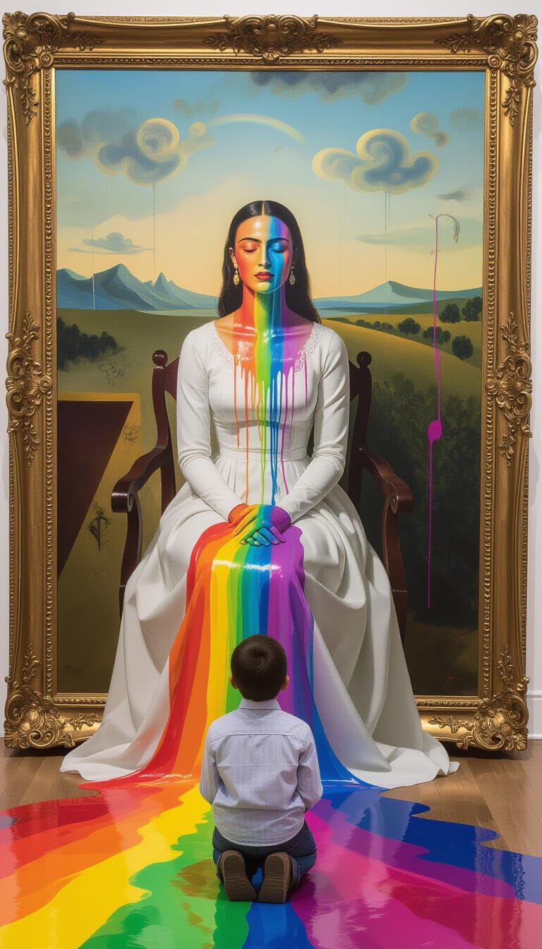 Melting Woman in Rainbow River: A Surrealist Vision