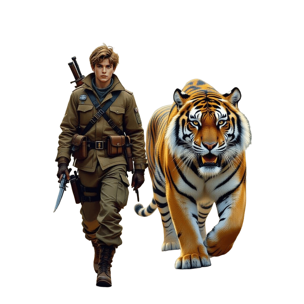 Hunter and Saber-Toothed Tiger in Surreal Oil Painting