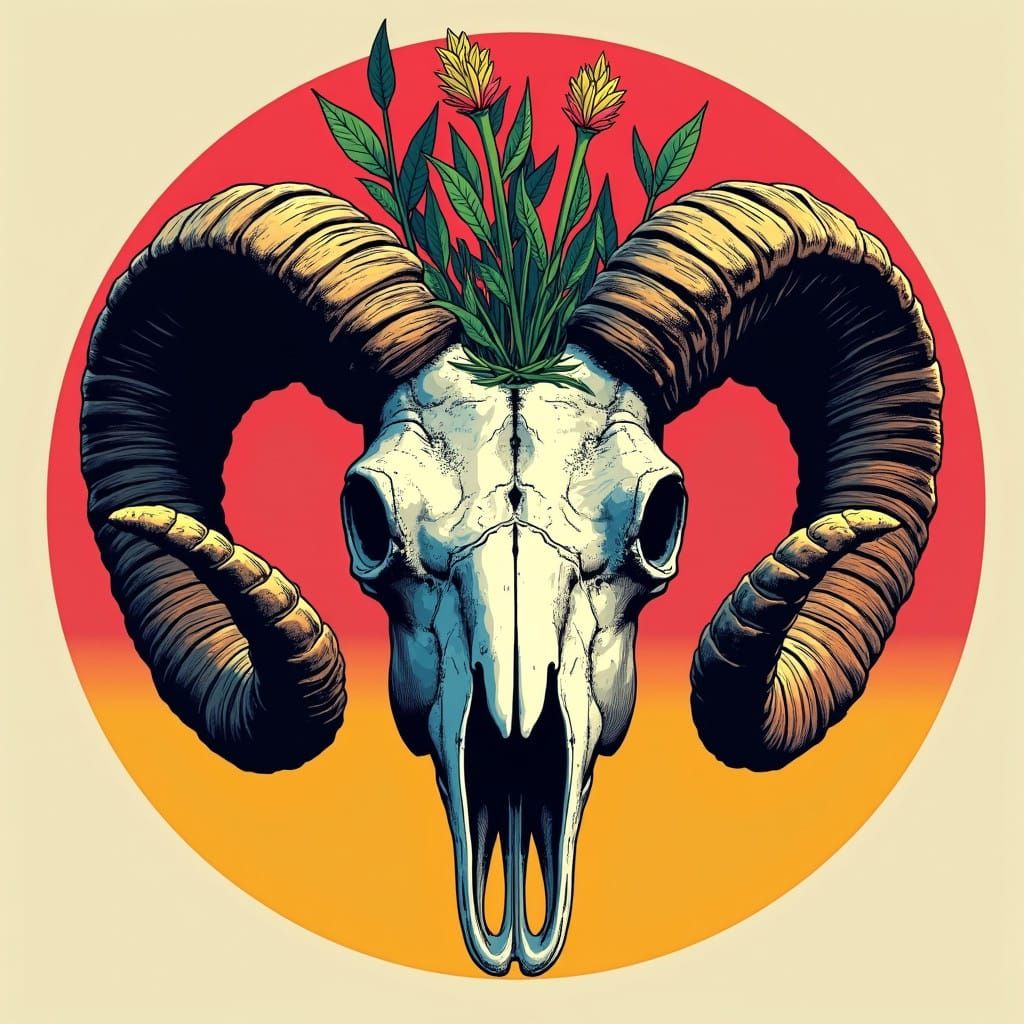 Vibrant Skull with Stylized Plants in Graphic Style