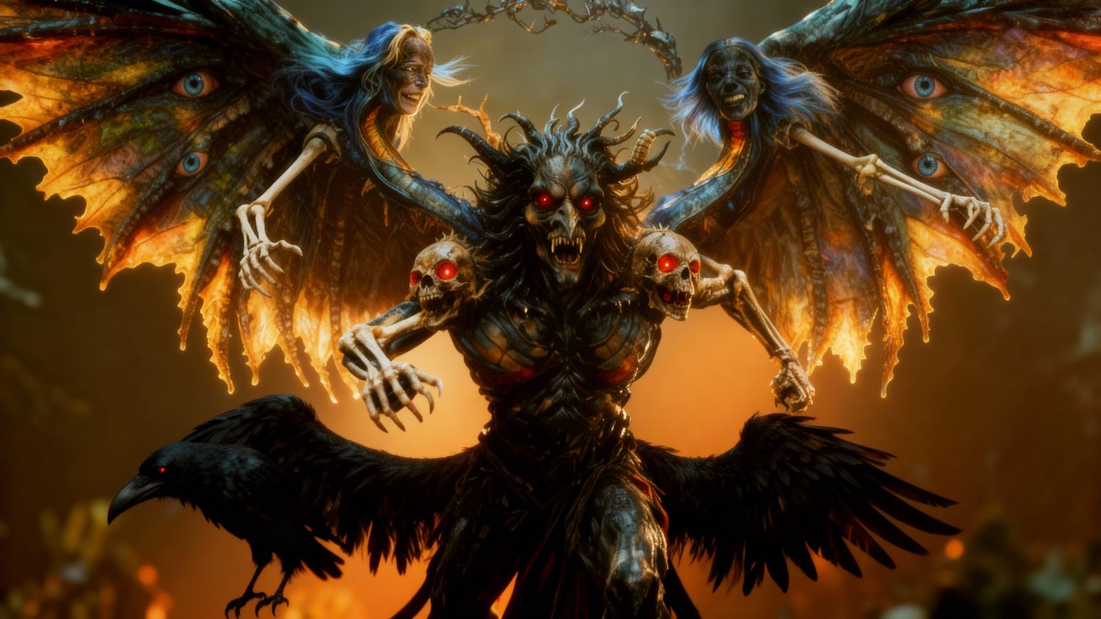 Angel with Large Wings and Raven Tail Feathers