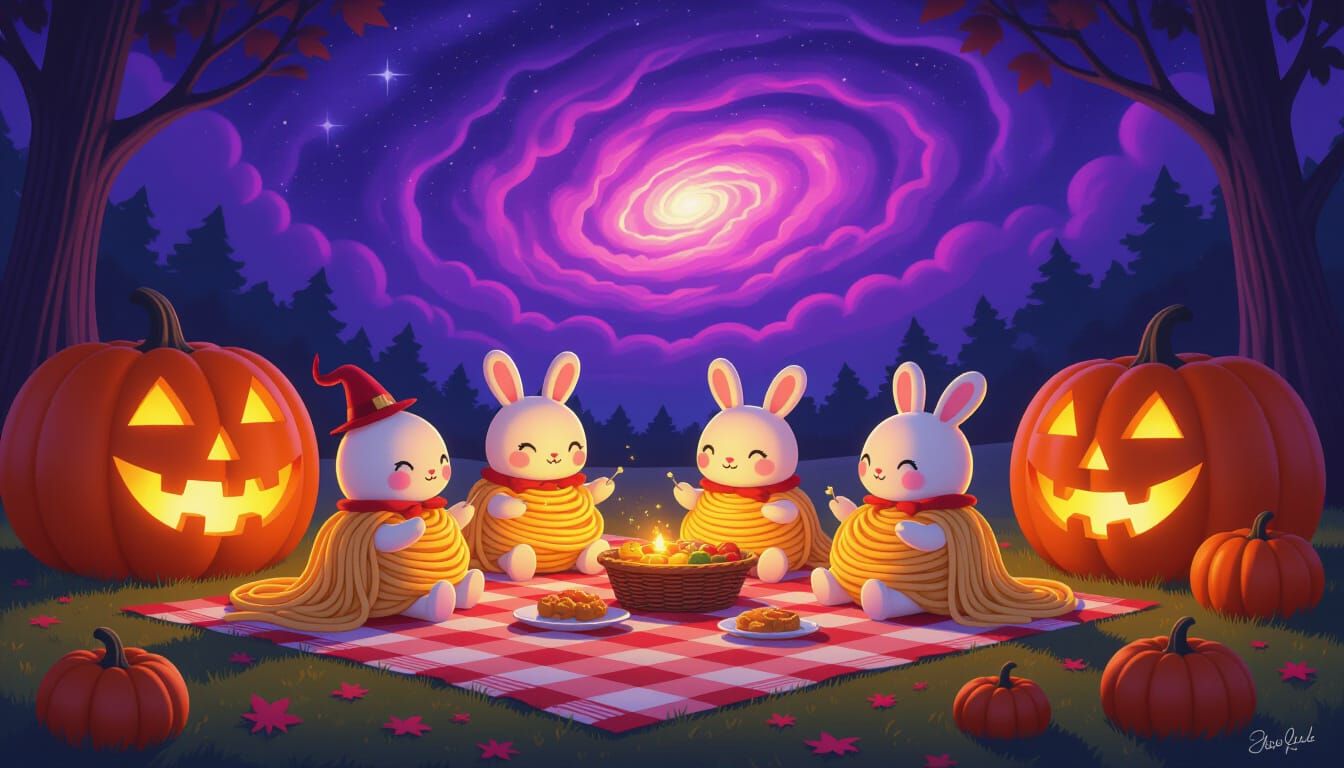 Whimsical Spaghetti Creatures Picnic Under Cosmic Sky