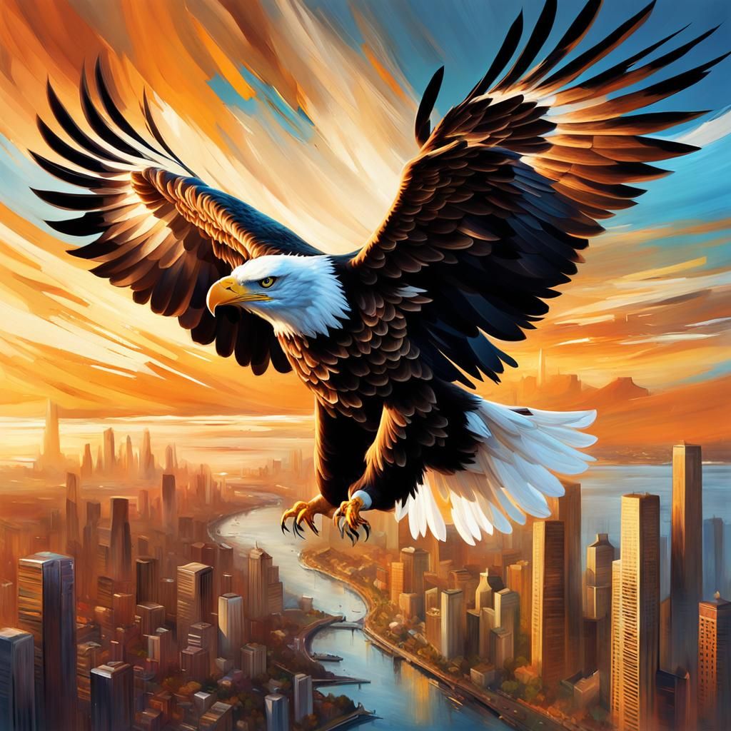 Eagle Soaring Over Cityscape: Ethereal Concept Art