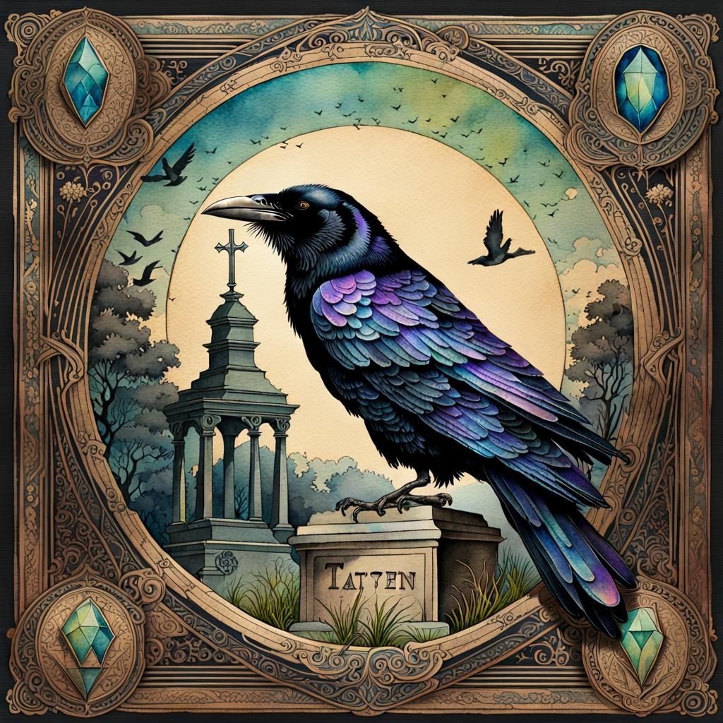 Iridescent Raven in Cemetery: Vintage Watercolor Illustratio...