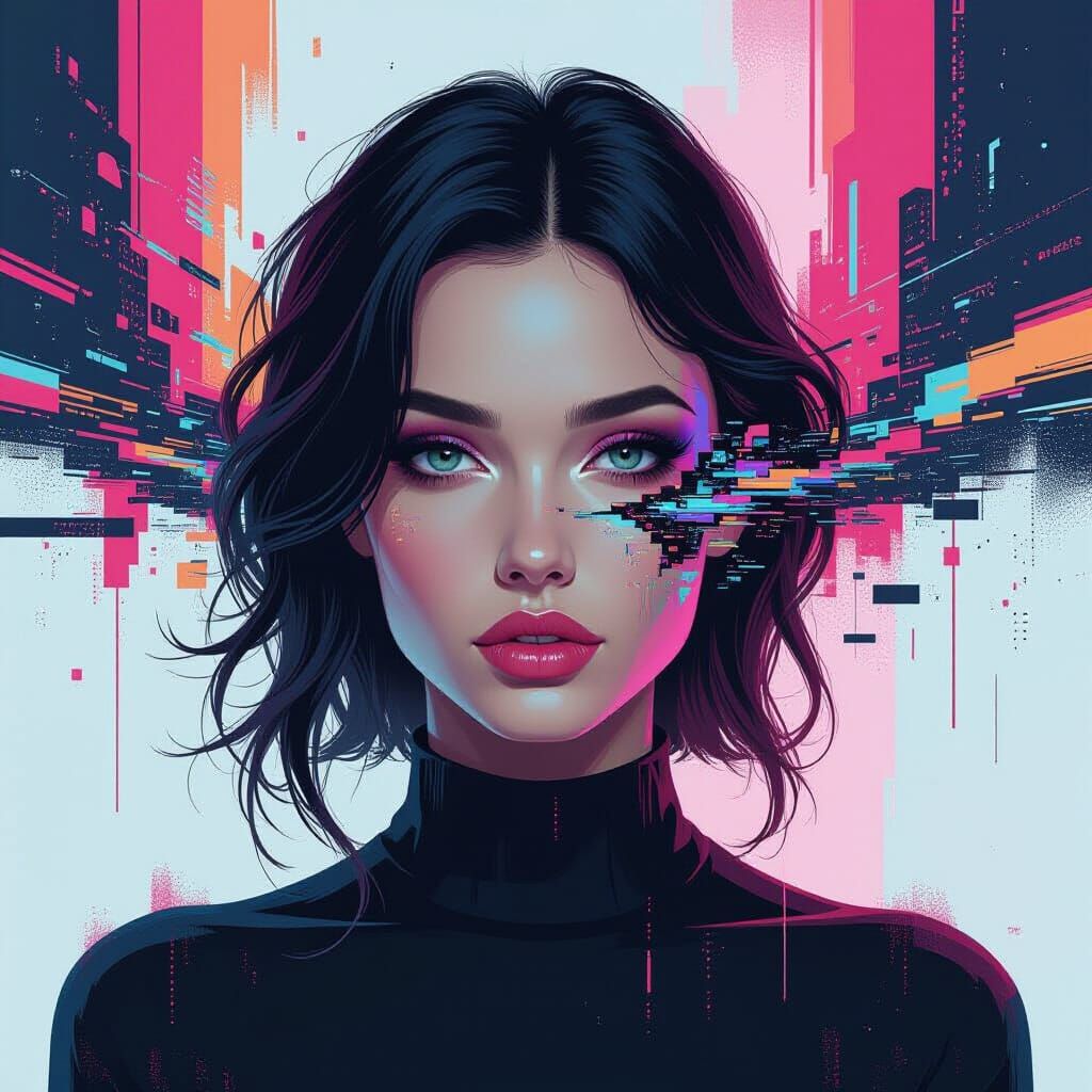 Distorted Glitch Portrait of a Woman in Cyberpunk Style